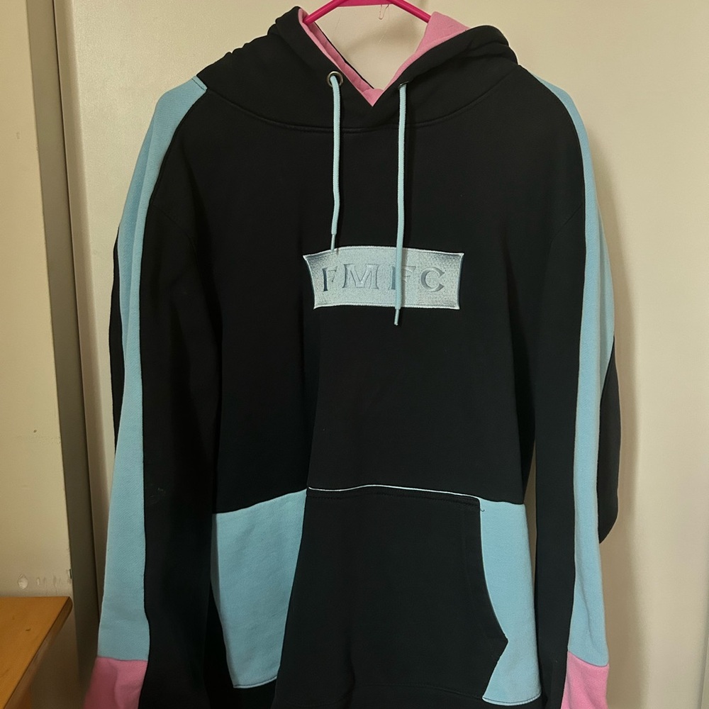 Black and Blue Hoodie with Pink Accents